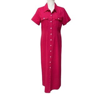 Vintage Womens Red Maroon Linen Blend Buttons Down Short Sleeve Maxi Dress Sz. M